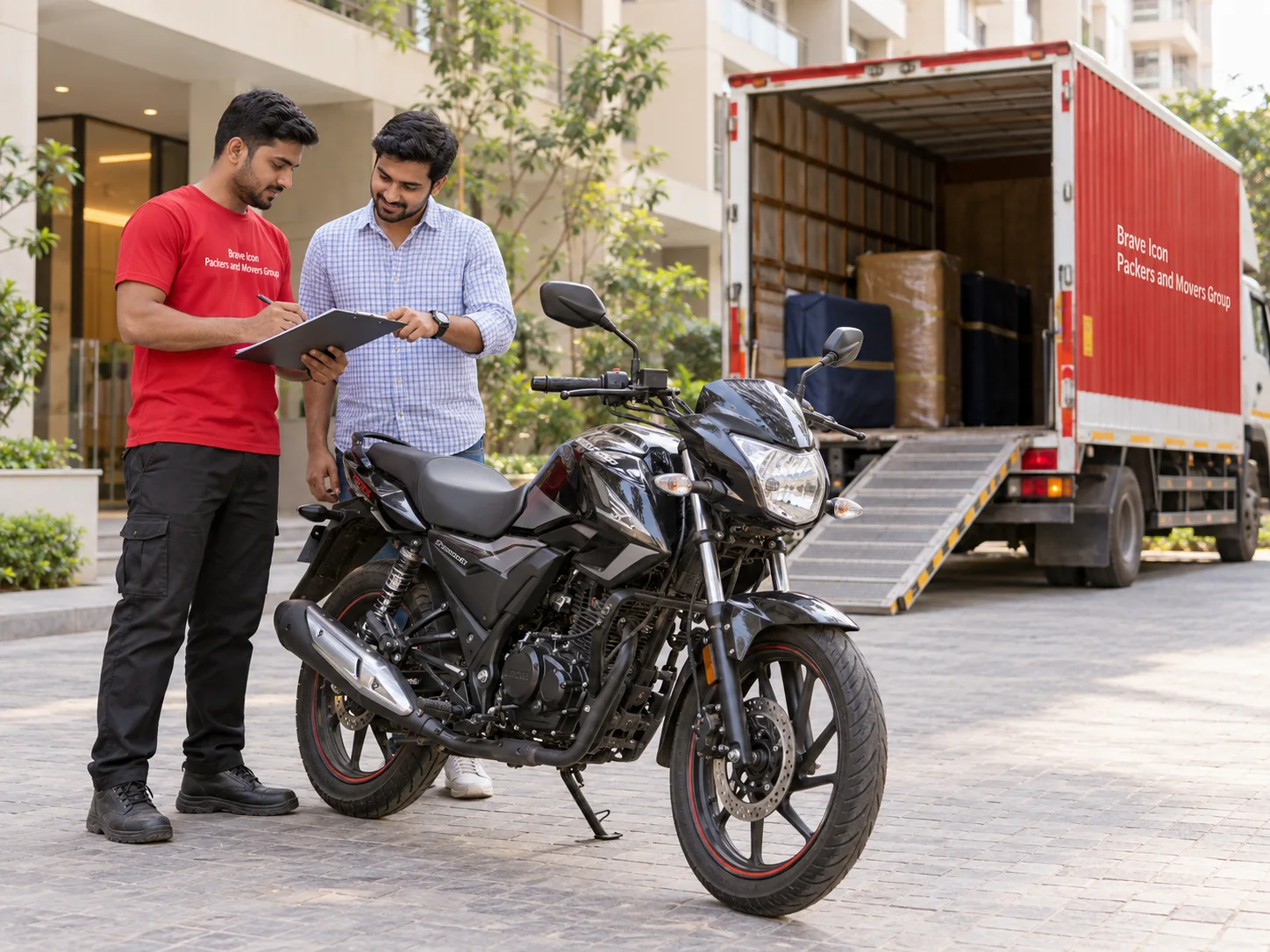 A mover and customer inspect a motorcycle at delivery beside a red-and-white transport truck.