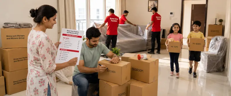 A well-organized moving day preparation scene inside a tidy Noida apartment.