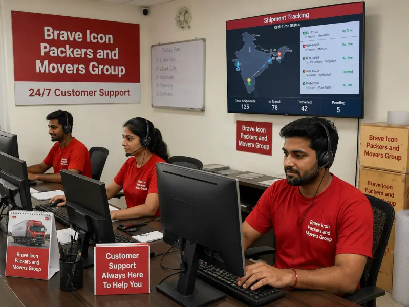 A dedicated customer support scene inside the Brave Icon Packers and Movers Group call center in Noida.