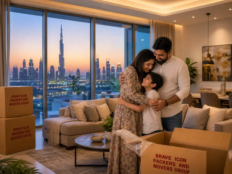 A joyful reunion inside a modern apartment in Dubai. An Indian family of three hugs happily in their newly furnished living room, surrounded by unpacked items from Noida.