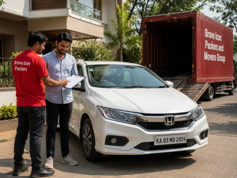 A satisfying vehicle delivery scene in a residential driveway in Bangalore.