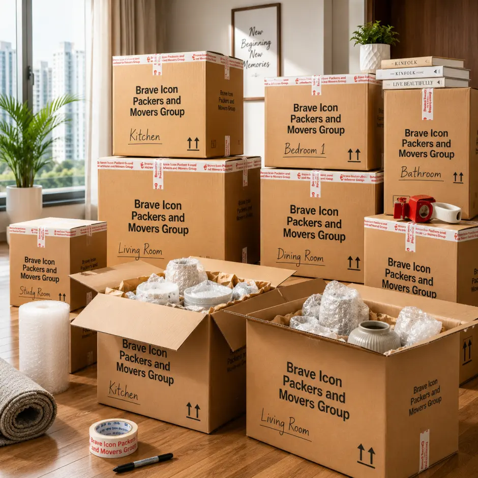 A perfectly organized stack of branded Brave Icon Packers and Movers Group cardboard boxes in a Noida apartment during a move.
