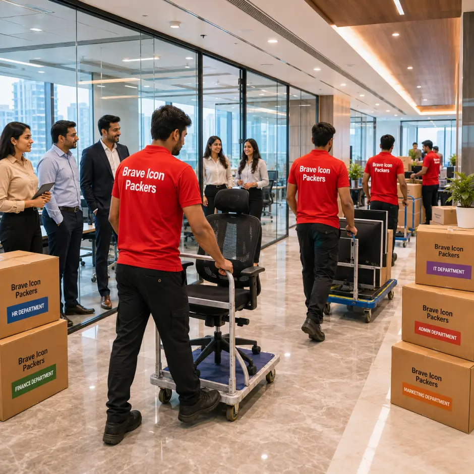 A corporate office move inside a glass-walled Noida skyscraper.