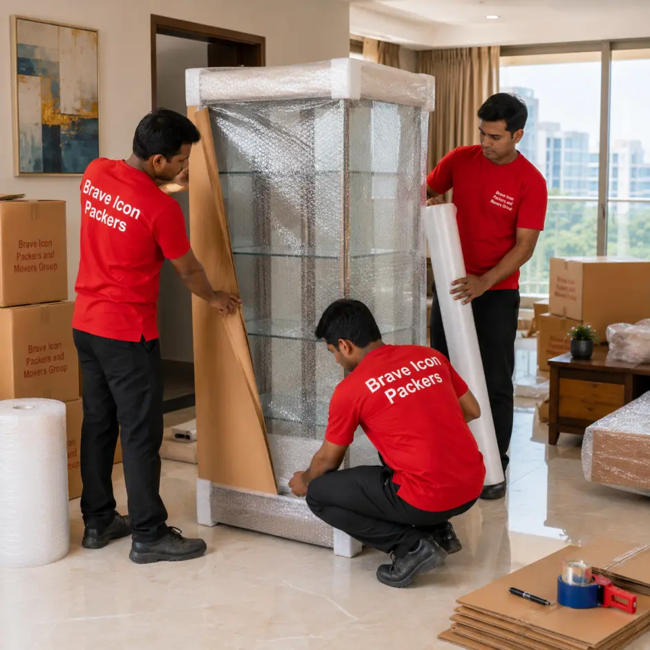 Three Indian movers from Brave Icon Packers and Movers Group wearing clean red T-shirts with small pocket-area branding on front and 'Brave Icon Packers' in bold white text printed…