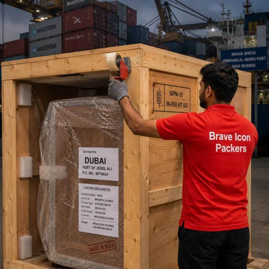 A close-up of a large ISPM-15 compliant wooden shipping crate being sealed by a mover in a red T-shirt with small pocket-area branding on front and 'Brave Icon Packers' in bold whi…