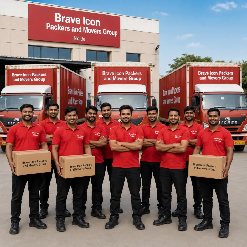 A proud group photo of 10 Indian Brave Icon Packers and Movers Group employees standing in front of a fleet of three red and white Indian-style container trucks with 'Brave Icon Pa…