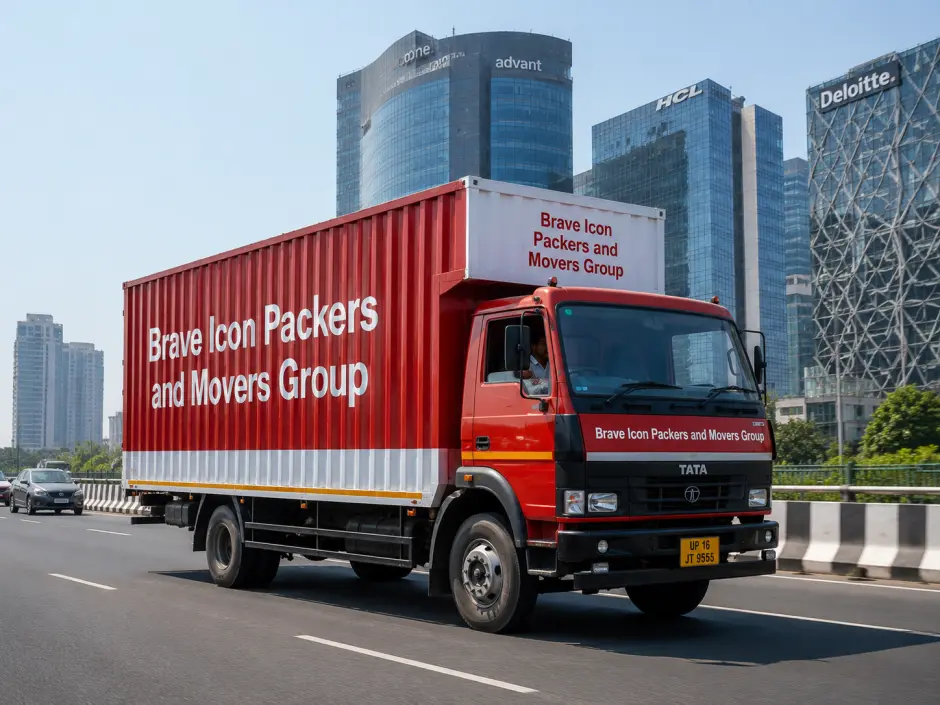 A single red and white Indian-style Brave Icon Packers and Movers Group Tata container truck with 'Brave Icon Packers and Movers Group' painted in bold white text (text-based brand…