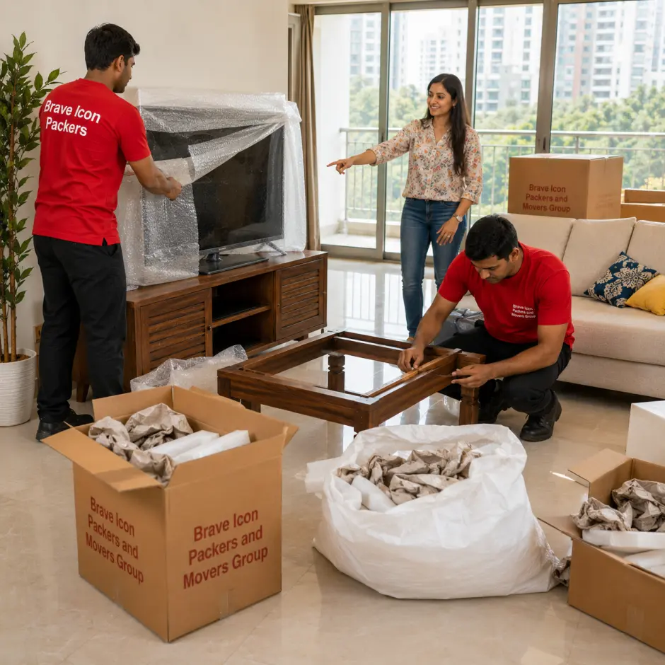 A careful unpacking scene inside a bright new Noida apartment.