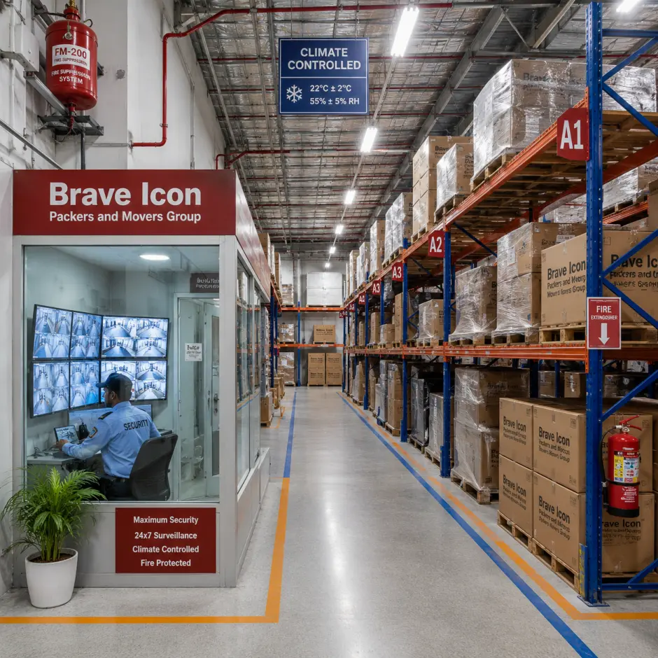 The interior of a clean, organized Brave Icon Packers and Movers Group warehouse. Rows of metal shelving hold shrink-wrapped furniture, electronics, and stacked branded boxes.