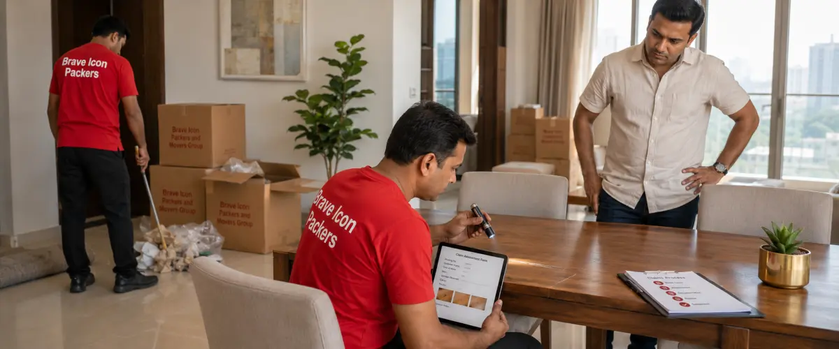 A professional insurance claims assessment in a customer's new Noida apartment.