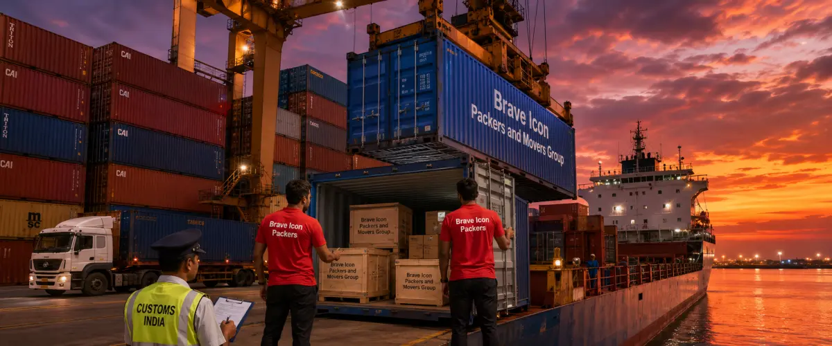 A dramatic container loading scene at an Indian cargo port near Delhi at dusk. A massive gantry crane lowers a bright blue shipping container onto a cargo ship deck.