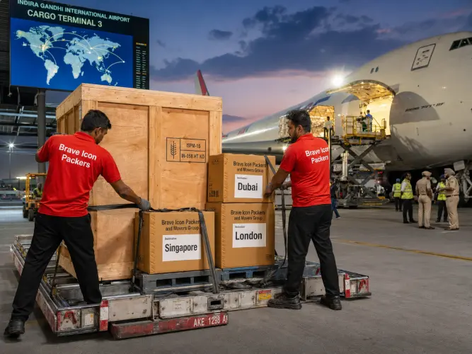 An international relocation scene at Indira Gandhi International Airport cargo terminal near Delhi.
