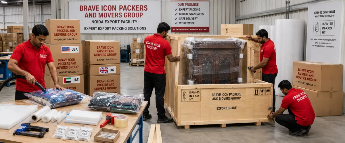 An expert export packing operation inside a Brave Icon Packers and Movers Group Noida export facility.