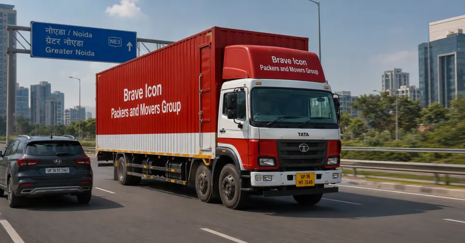 A specialized vehicle transport scene on the Noida-Greater Noida Expressway.