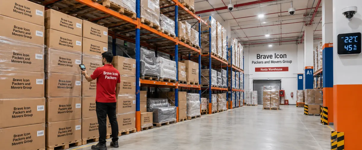 The interior of a modern Brave Icon Packers and Movers Group climate-controlled warehouse in Noida.