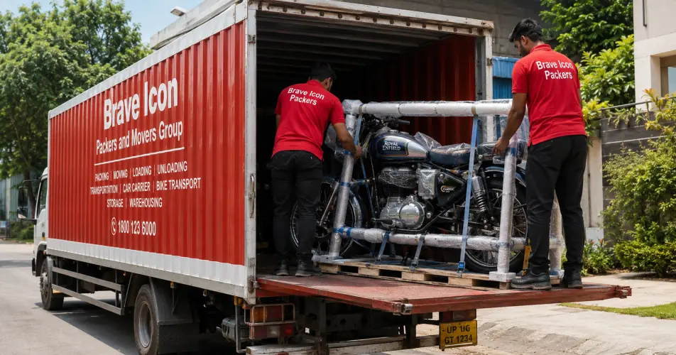 A detailed close-up of a Royal Enfield Classic 350 motorcycle being secured inside a dedicated bike transport frame on a Brave Icon Packers and Movers Group carrier truck.